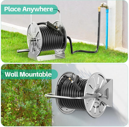 Stainless Steel Garden Hose Reel, Wall Mount/Floor Spool, with 7ft Leader Water Pipe, 3/4 Brass Connector