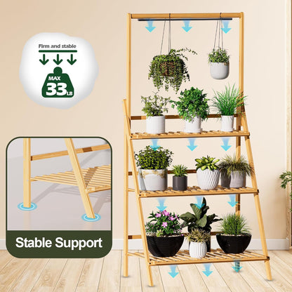 Foldable Plant Stand with Grow Light, 3-Tier Bamboo Hanging Plant Shelf