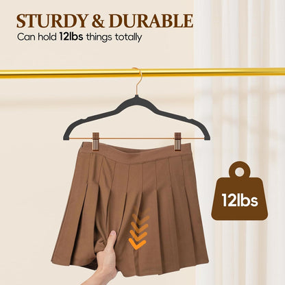 Velvet Hangers with Adjustable Clips 25 Pack, Space Saving, Non-Slip Slim Felt Clothes Hangers for Pants, Skirts, Dress, Suits, Heavy Duty Rose Gold Metal Hanger with 360° Swivel Hook
