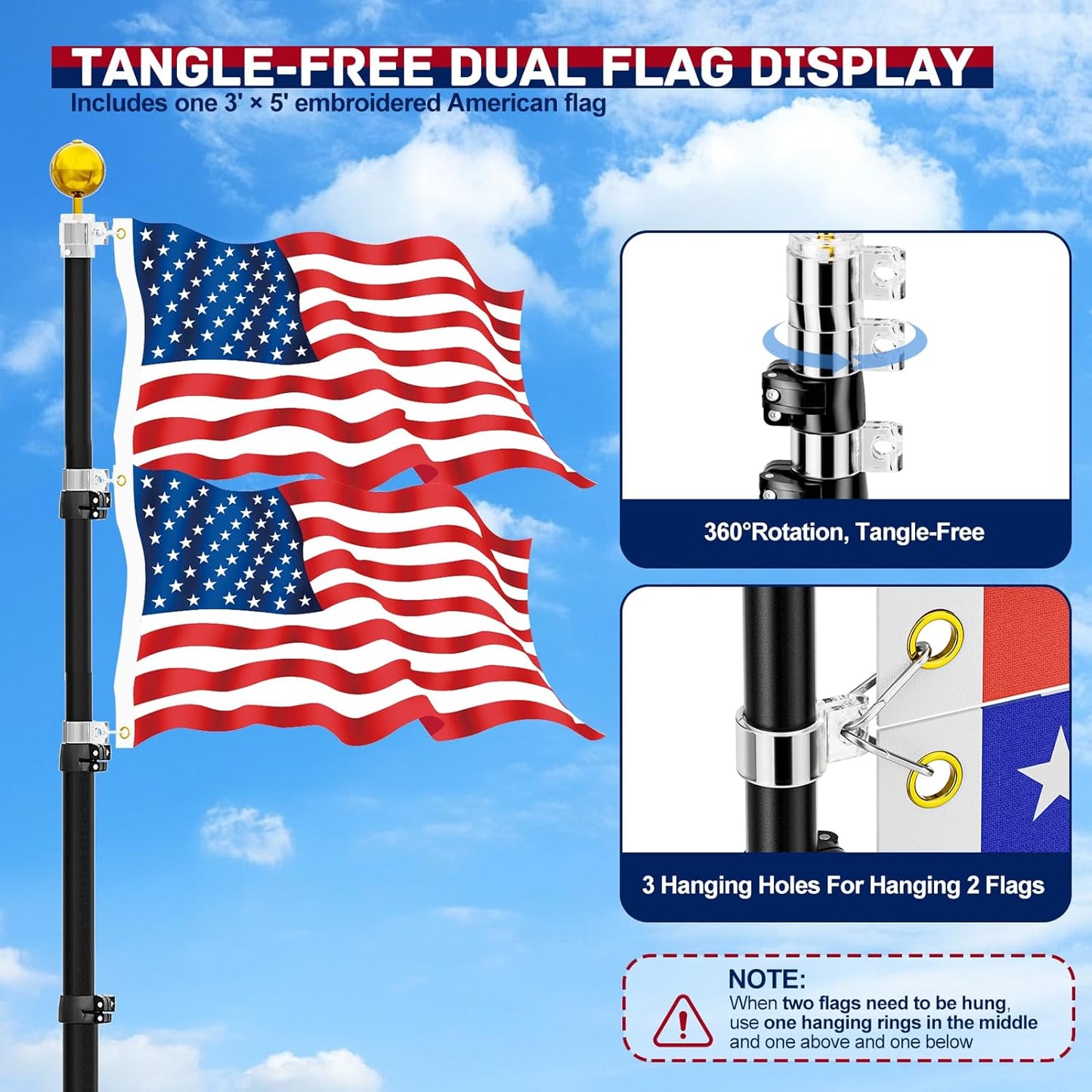 20 FT Tailgate Flag Pole with Tire Mount, Portable Heavy Duty Flag Pole Kit, Dual Mounting Options, RV Telescoping Flagpole with US Flag for Outdoor Tailgating, Camping, Black