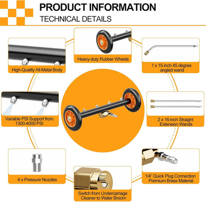 16 Inch Undercarriage Pressure Washer with 3 Extension Wands, Dual-Function Under Car Cleaner with 4 Nozzles