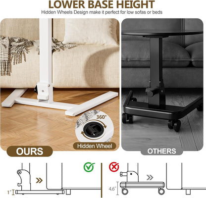 25 Inch Mobile Foldable Standing Desk, 180° Tiltable Portable Rolling Laptop Table, Height Adjustable Sit-Stand Desk with Wheels, No Assembly Computer Workstation for Home Office, White