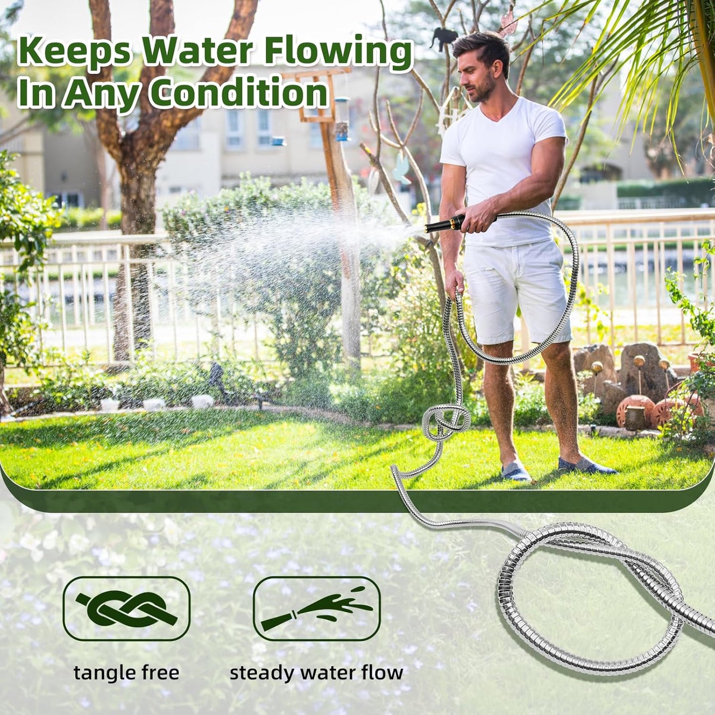 304 Stainless Steel Garden Hose, No Kink with Swivel Handle, Lightweight Metal Water Hose with Brass Adjustable Nozzle