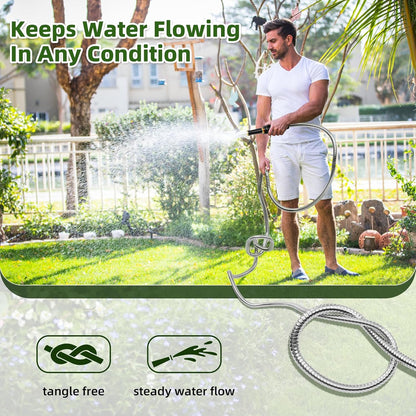 304 Stainless Steel Garden Hose, No Kink with Swivel Handle, Lightweight Metal Water Hose with Brass Adjustable Nozzle