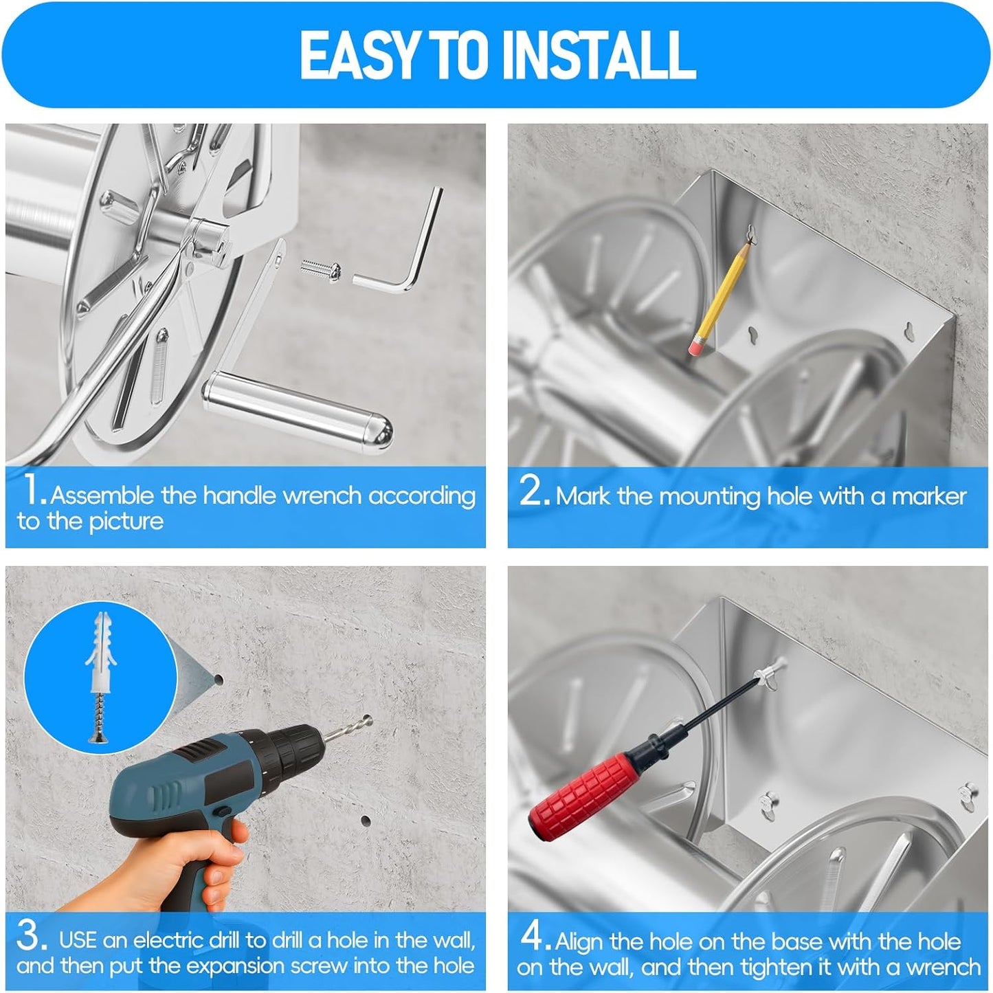 Stainless Steel Garden Hose Reel with 5/8" 75FT Hybrid Rubber Hose and 6FT Leader Pipe, Wall/Floor Metal Mounted Storage Spool, UV Resistant