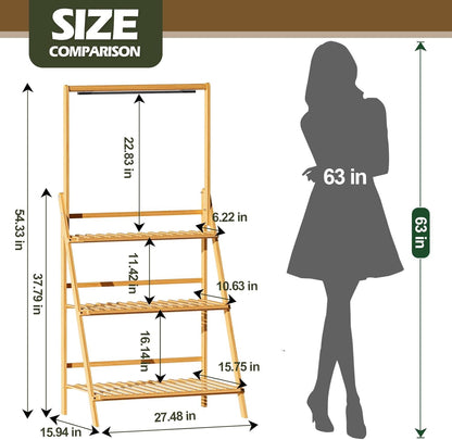 Foldable Plant Stand with Grow Light, 3-Tier Bamboo Hanging Plant Shelf