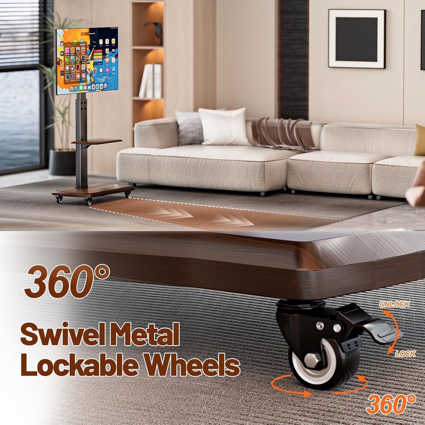 Rolling TV Stand with Power Outlet, Moveable TV Cart with Shelf for 32 to 80 inch TVs up to 131lbs, Height Adjustable, Portable Mobile TV Stand on Wheels for Living Room, Bedroom, Office, Brown