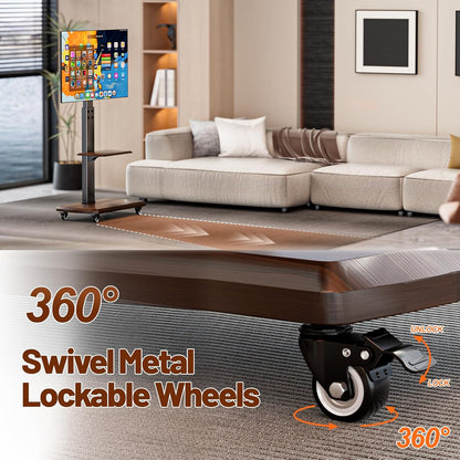 Rolling TV Stand with Power Outlet, Moveable TV Cart with Shelf for 32 to 80 inch TVs up to 131lbs, Height Adjustable, Portable Mobile TV Stand on Wheels for Living Room, Bedroom, Office, Brown