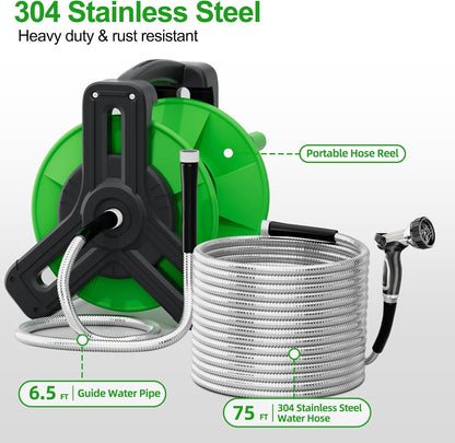 Portable Garden Hose Reel with 75ft 304 Stainless Steel Water Pipe, 6.5Ft Guide Water Pipe, Wall Mount/Floor Spool