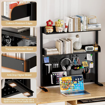 Adjustable Desktop Hutch Bookshelf, Desk Shelf Organizer with Pegboard and Thickened Metal Frame, 2 Tier Display Rack, Countertop Storage, Wood Bookcase for Home, Dorm or Office, Black, 38.9" W
