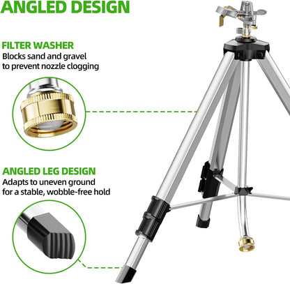 SPECILITE 36”Brass Impact Tripod Sprinkler, Heavy Duty Metal Pulsating Telescoping, Sprinklers for Yard, Lawn & Garden Irrigation, 360 Degree Waters up to 70ft Covering 5660sqft