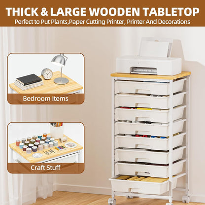 Rolling Storage Cart with 8 Drawers, Utility Cart with Wooden Tabletop and Lockable Wheels, Movable Craft Cart, Craft Storage Organizer