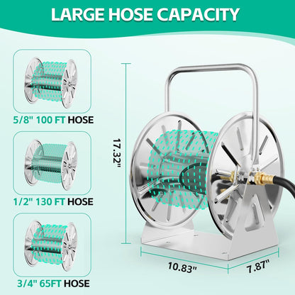 Stainless Steel Garden Hose Reel, Wall Mount/Floor Spool, with 7ft Leader Water Pipe, 3/4 Brass Connector
