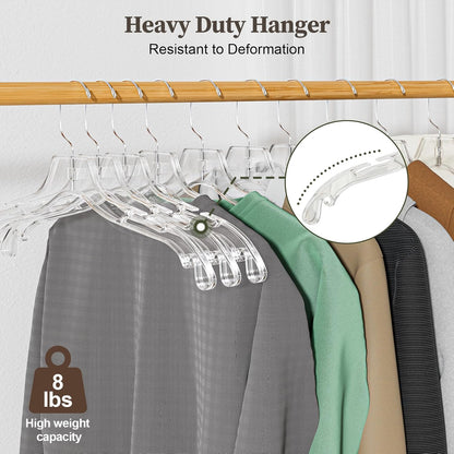 Clear Plastic Hangers 12 Pack, Heavy Duty Clothes Hangers with 360° Swivel Hook, 2.1" Ultra-Wide Non-Slip Notches & Non-Slip Grips for Dresses, Shirts, Coats, Suits