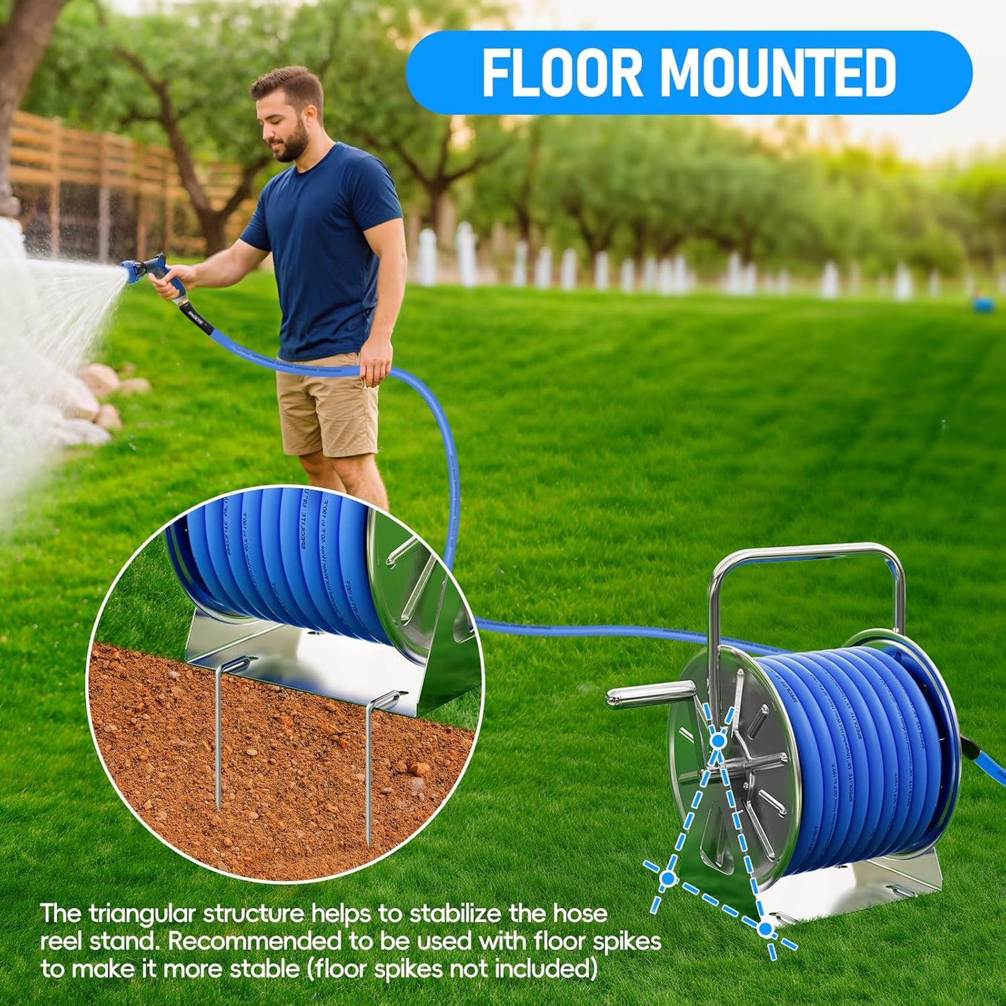 Stainless Steel Garden Hose Reel with 5/8'' x Hot/Cold 75 FT Water Hose and 6FT Leader Pipe, -50℉ -190℉, Wall/Floor Metal Mounted Spool Storage, UV Resistant