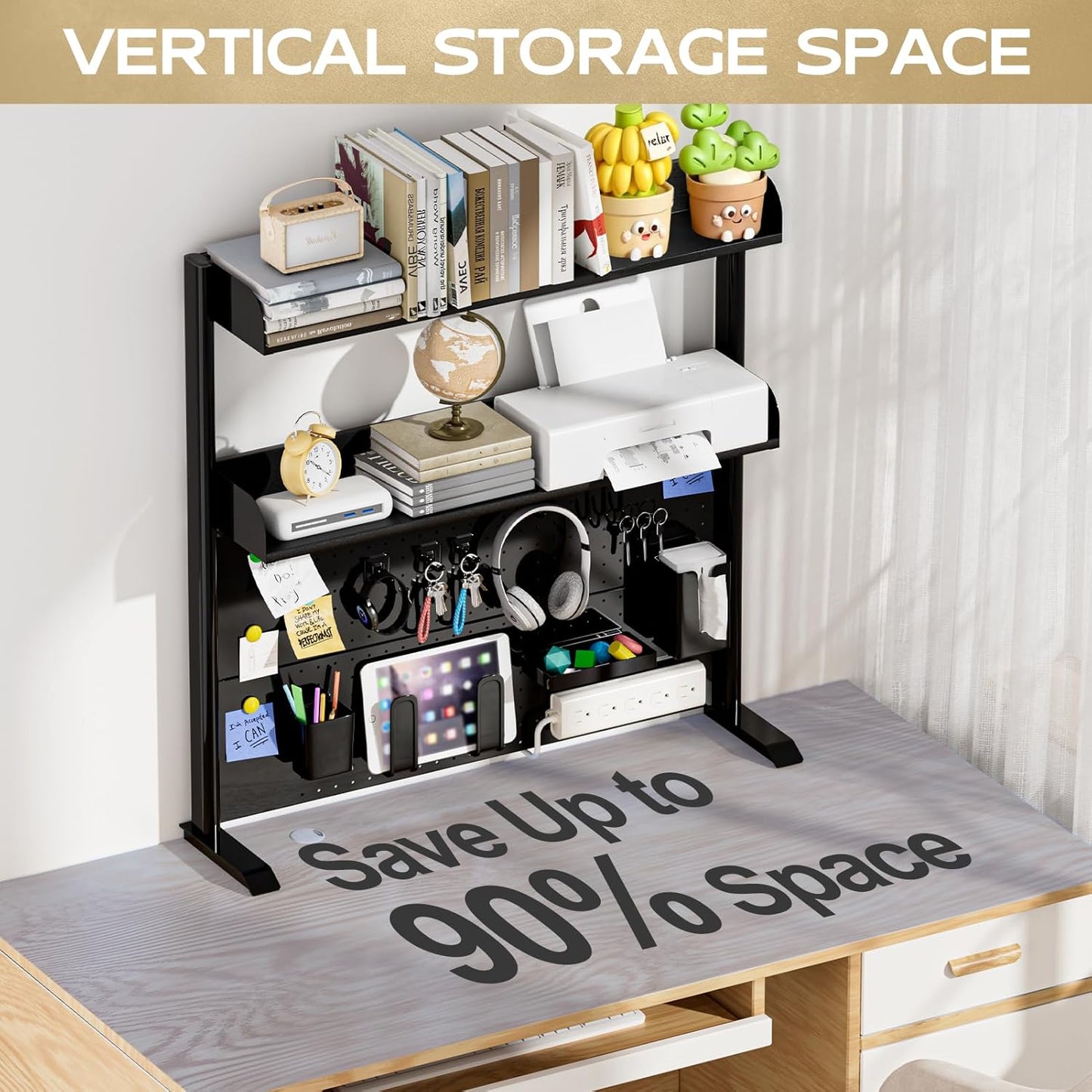 Adjustable Desktop Hutch Bookshelf, Desk Shelf Organizer with Pegboard and Thickened Metal Frame, 2 Tier Display Rack, Countertop Storage, Wood Bookcase for Home, Dorm or Office, Black, 38.9" W