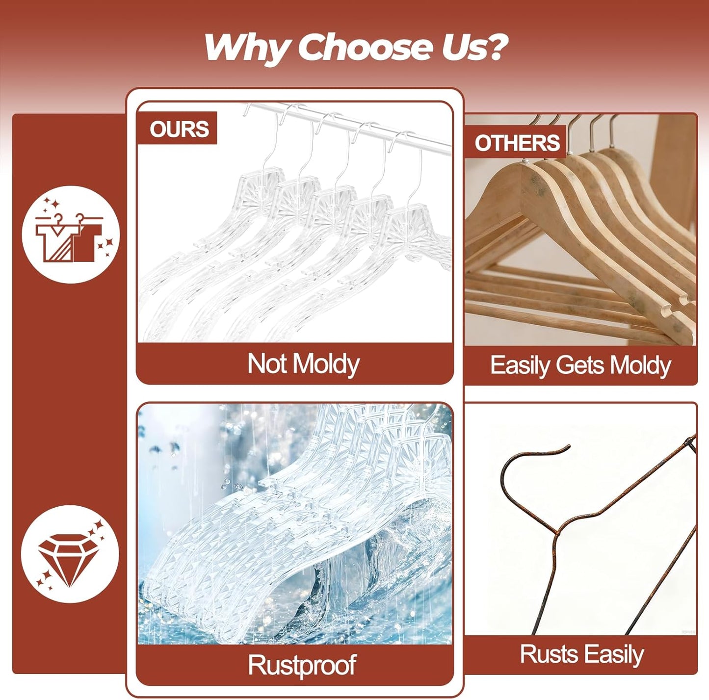 Clear Plastic Hangers 12 Pack, Durable Crystal Heavy Duty Clothes Hangers with Non-Slip Notches & 360° Swivel Hook, Space Saving, Ideal for Coats, Suits, Dresses, Shirts