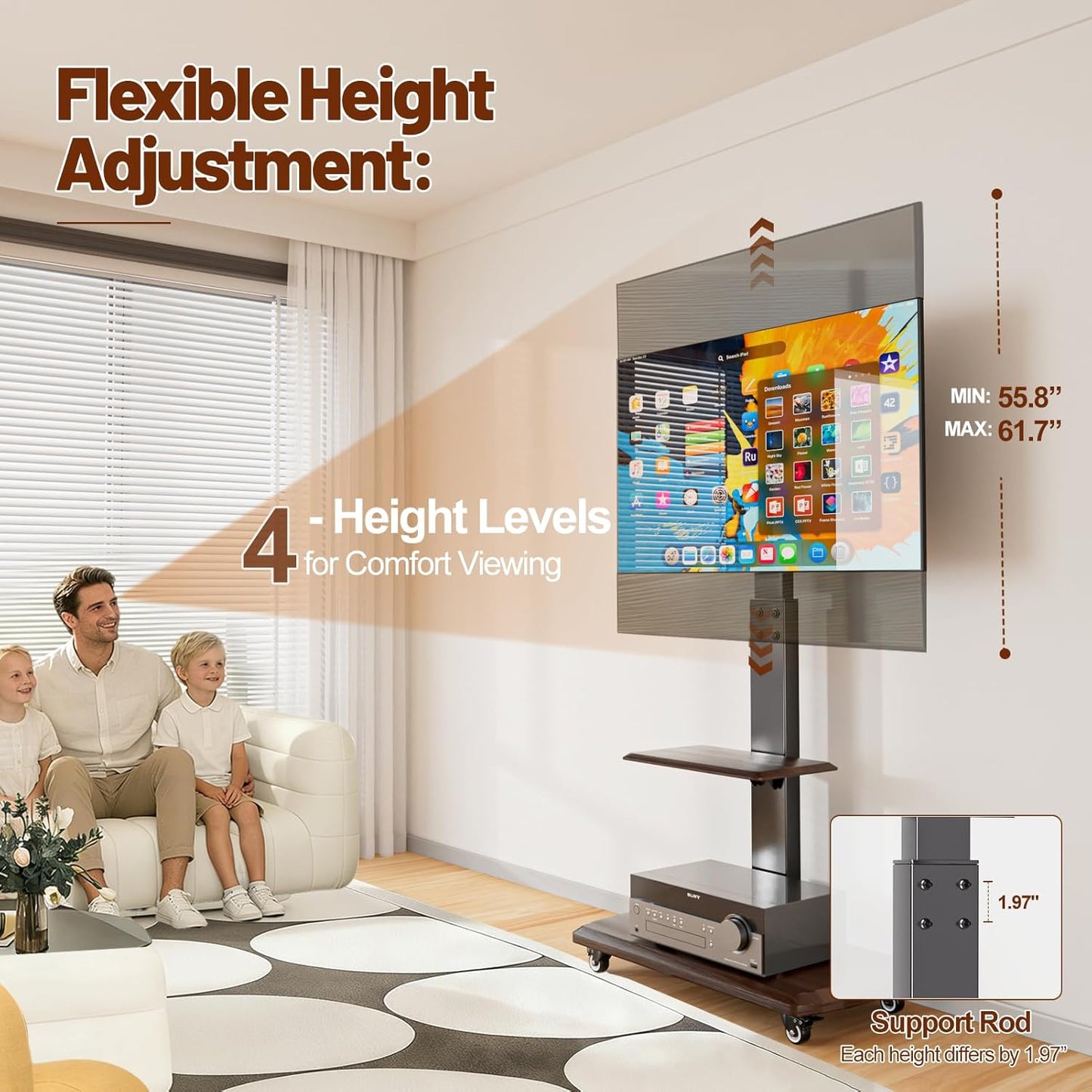 Rolling TV Stand with Power Outlet, Moveable TV Cart with Shelf for 32 to 80 inch TVs up to 131lbs, Height Adjustable, Portable Mobile TV Stand on Wheels for Living Room, Bedroom, Office, Brown