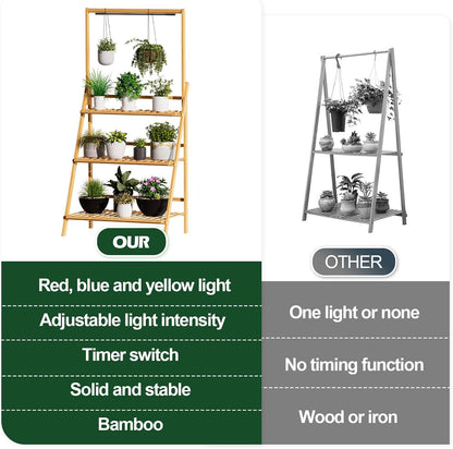 Foldable Plant Stand with Grow Light, 3-Tier Bamboo Hanging Plant Shelf