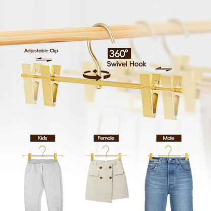 10-Pack Matte Gold Aluminum Pants Hangers with 2 Adjustable Clips & 360° Swivel Hooks, Lightweight & Sturdy, Non-Slip Rubber Pads