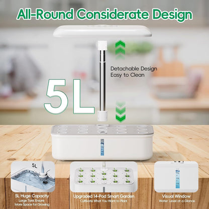 Hydroponics Growing System Kit with 14 Pods, 20W Grow Light, WiFi & App Control, Automatic Timer, Quiet Pump, 5L Water Tank