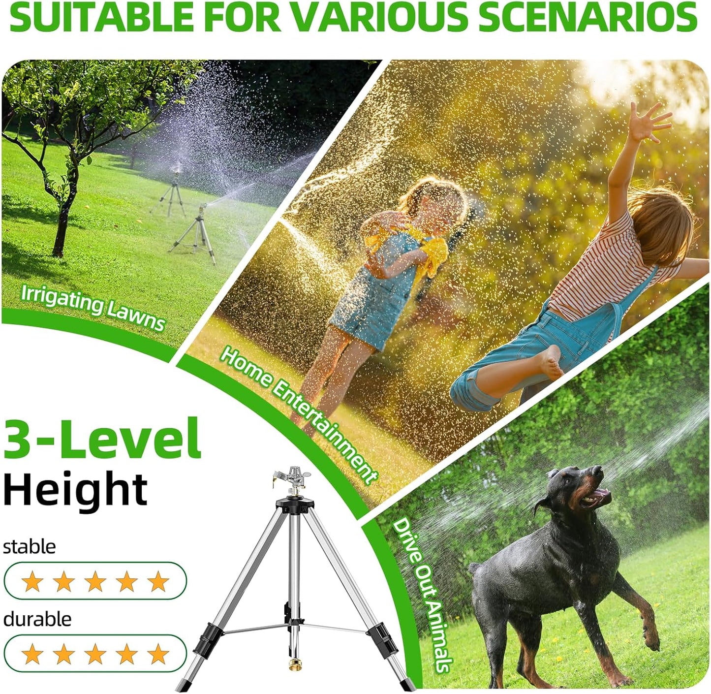 SPECILITE 36”Brass Impact Tripod Sprinkler, Heavy Duty Metal Pulsating Telescoping, Sprinklers for Yard, Lawn & Garden Irrigation, 360 Degree Waters up to 70ft Covering 5660sqft