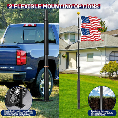 20 FT Tailgate Flag Pole with Tire Mount, Portable Heavy Duty Flag Pole Kit, Dual Mounting Options, RV Telescoping Flagpole with US Flag for Outdoor Tailgating, Camping, Black