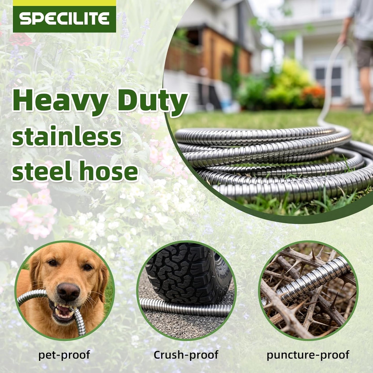 304 Stainless Steel Garden Hose, No Kink with Swivel Handle, Lightweight Metal Water Hose with Brass Adjustable Nozzle