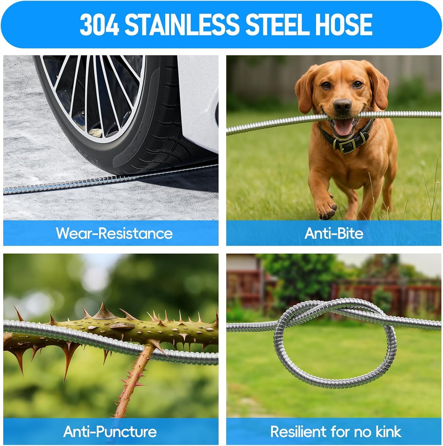 Stainless Steel Garden Hose Reel with 100FT Drinking Water Hose and 6.2FT Leader Pipe, Wall/Floor Mounted Metal Spool with Crank Handle, UV Resistant