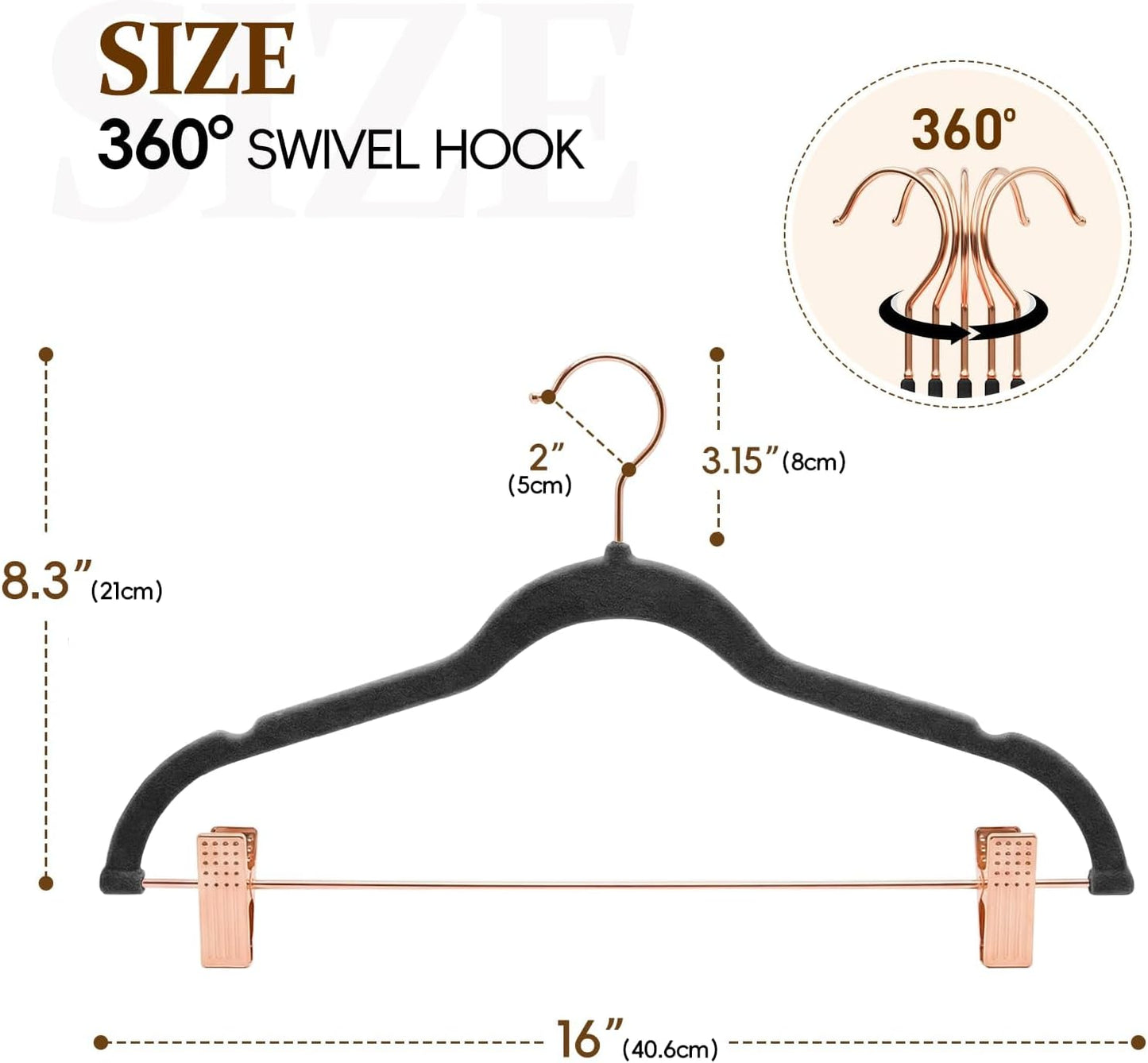 Velvet Hangers with Adjustable Clips 25 Pack, Space Saving, Non-Slip Slim Felt Clothes Hangers for Pants, Skirts, Dress, Suits, Heavy Duty Rose Gold Metal Hanger with 360° Swivel Hook