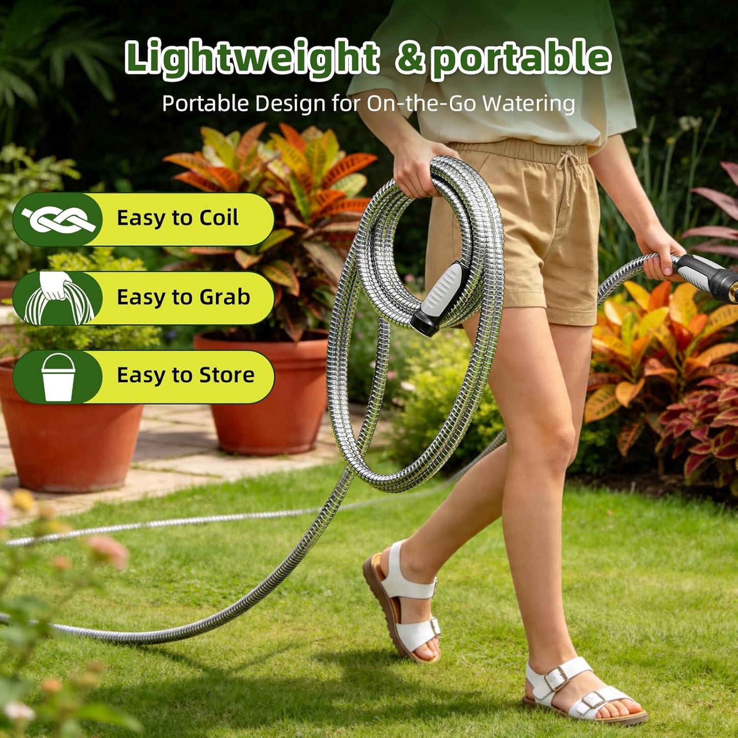 304 Stainless Steel Garden Hose, No Kink with Swivel Handle, Lightweight Metal Water Hose with Brass Adjustable Nozzle