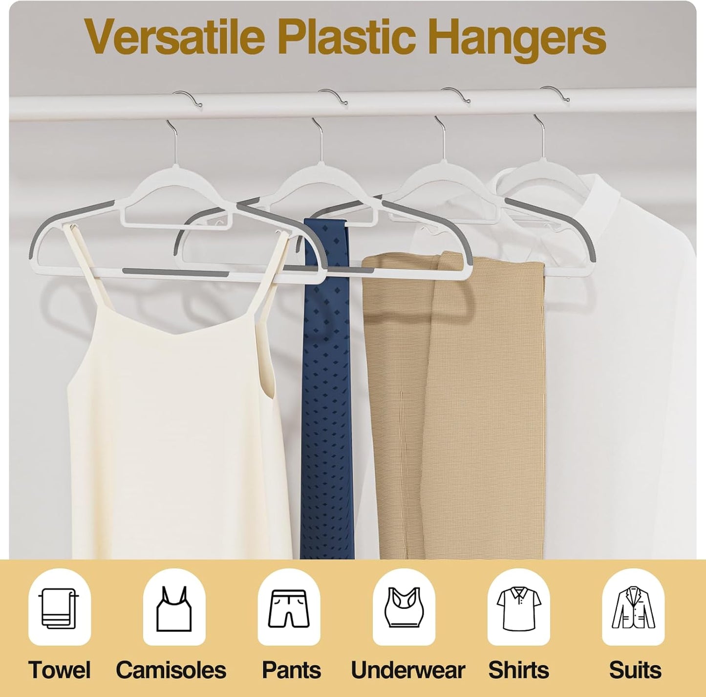Plastic Hangers 50 Pack, 16.5 in Heavy Duty Clothes Hangers with 360° Swivel Hook, Non-Slip Bar & 0.2" Ultra-Slim Space-Saving Organizers for Coats, Pants, Suits, Shirts, White & Dark Gray