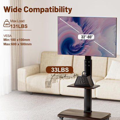 Rolling TV Stand with Power Outlet, Moveable TV Cart with Shelf for 32 to 80 inch TVs up to 131lbs, Height Adjustable, Portable Mobile TV Stand on Wheels for Living Room, Bedroom, Office, Brown