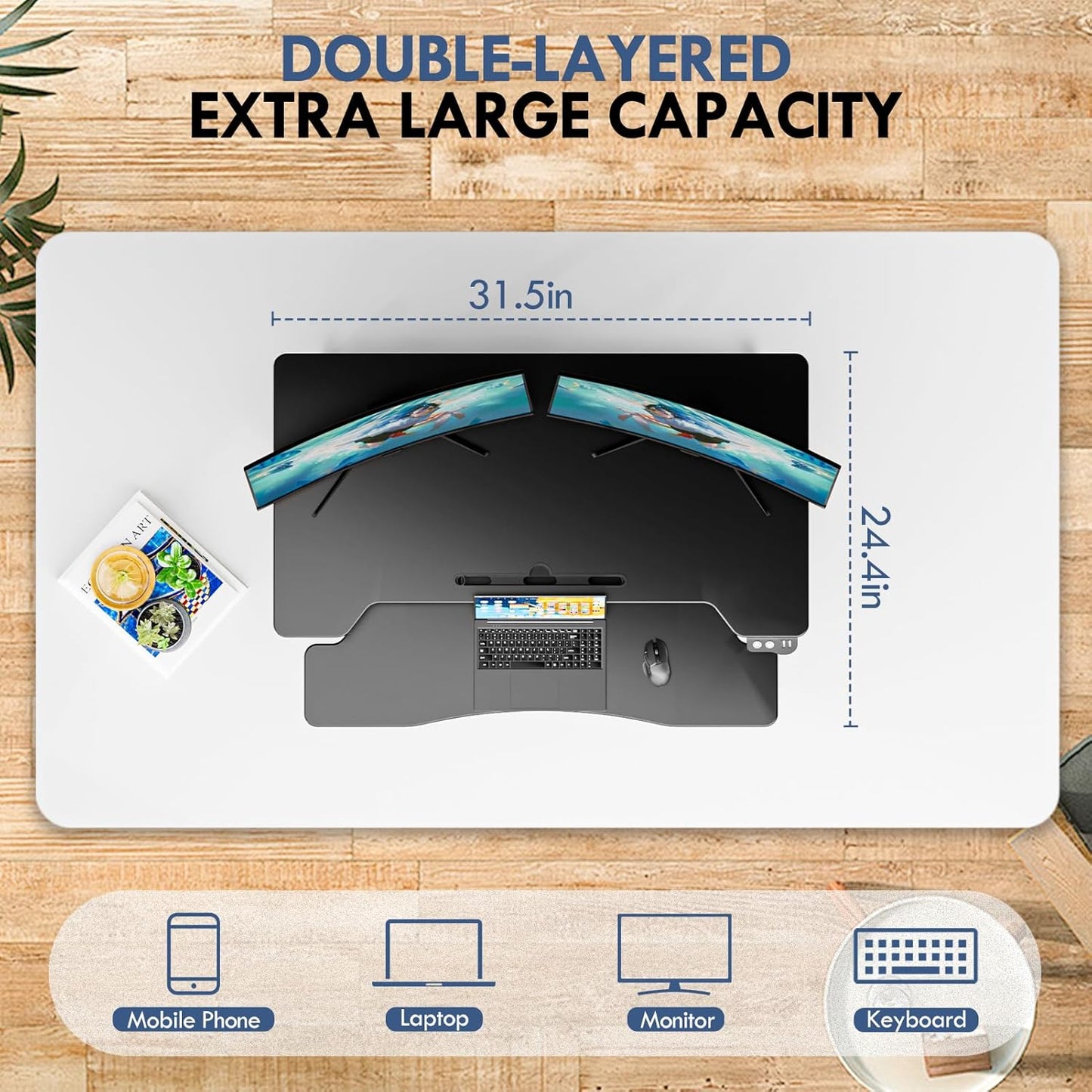 Electric Standing Desk Converter, Height Adjustable Sit to Stand Up Desk Riser with Large Keyboard Tray, Dual Monitor and Laptop Motorized Desktop Workstation for Home & Office, Black