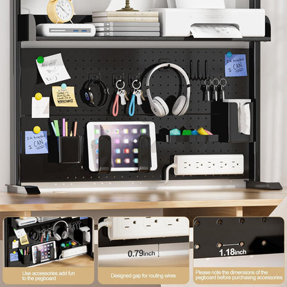 Adjustable Desktop Hutch Bookshelf, Desk Shelf Organizer with Pegboard and Thickened Metal Frame, 2 Tier Display Rack, Countertop Storage, Wood Bookcase for Home, Dorm or Office, Black, 38.9" W