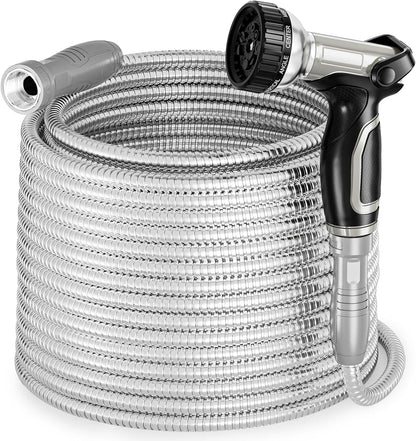 Stainless Steel Garden Water Hose 100 ft with Swivel Handle