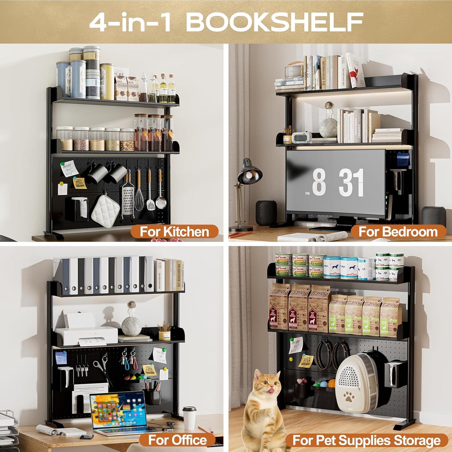 Adjustable Desktop Hutch Bookshelf, Desk Shelf Organizer with Pegboard and Thickened Metal Frame, 2 Tier Display Rack, Countertop Storage, Wood Bookcase for Home, Dorm or Office, Black, 38.9" W