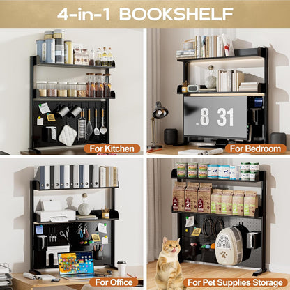 Adjustable Desktop Hutch Bookshelf, Desk Shelf Organizer with Pegboard and Thickened Metal Frame, 2 Tier Display Rack, Countertop Storage, Wood Bookcase for Home, Dorm or Office, Black, 38.9" W