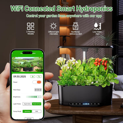 Hydroponics Growing System Kit with 30” Height, 15 Pods, 36W Grow Light, Auto Timer & Pump System, APP & WiFi Controlled