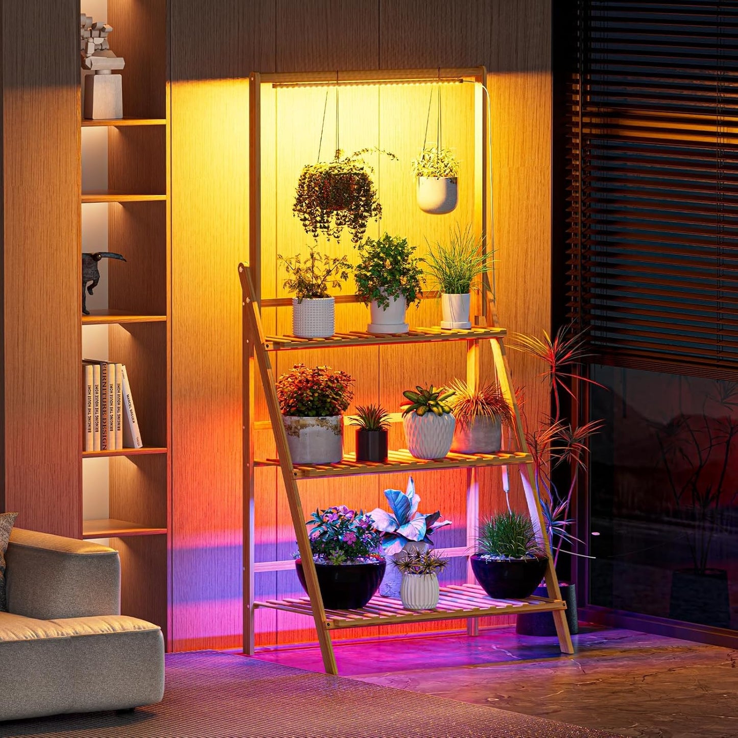 Foldable Plant Stand with Grow Light, 3-Tier Bamboo Hanging Plant Shelf