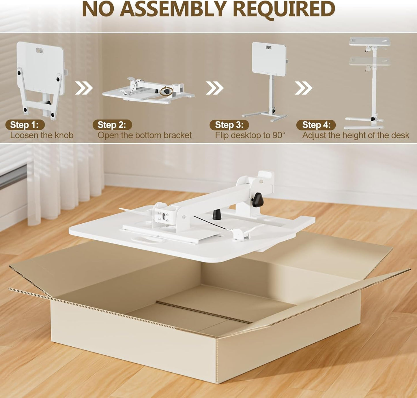 25 Inch Mobile Foldable Standing Desk, 180° Tiltable Portable Rolling Laptop Table, Height Adjustable Sit-Stand Desk with Wheels, No Assembly Computer Workstation for Home Office, White