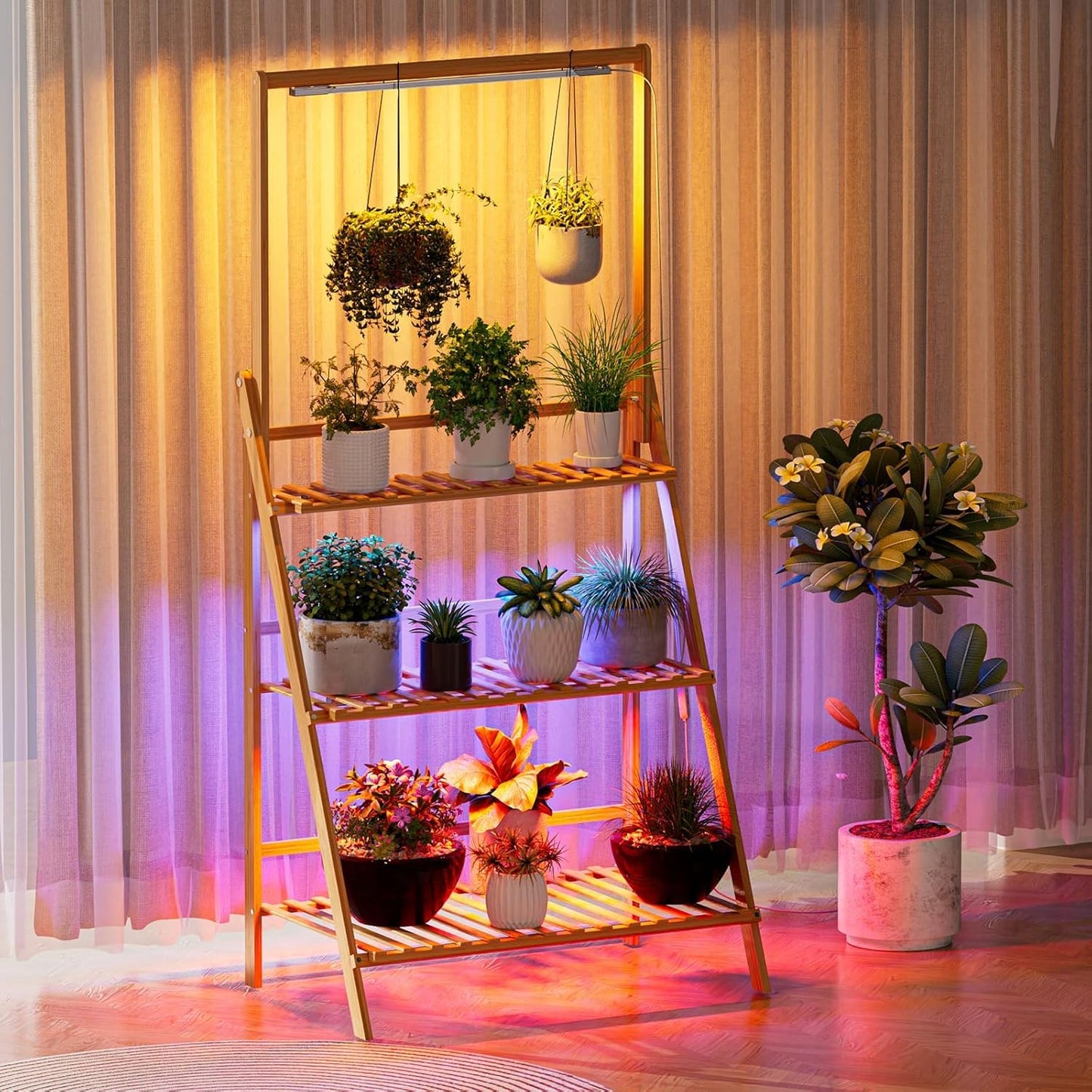 Foldable Plant Stand with Grow Light, 3-Tier Bamboo Hanging Plant Shelf