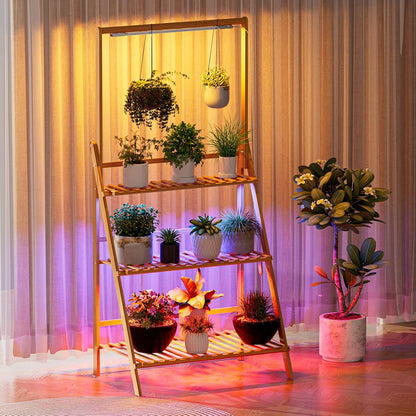 Foldable Plant Stand with Grow Light, 3-Tier Bamboo Hanging Plant Shelf