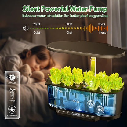 Hydroponics Growing System Kit with 30” Height, 15 Pods, 36W Grow Light, Auto Timer & Pump System, APP & WiFi Controlled