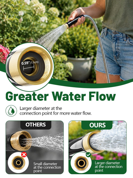 SPECILITE 25ft 304 Stainless Steel Garden Hose with Adjustable Brass Nozzle, Heavy Duty Metal Water Hose, Lightweight & Puncture-proof, Flexible Water Pipe with 3/4" Brass Connectors for Yard, Outdoor