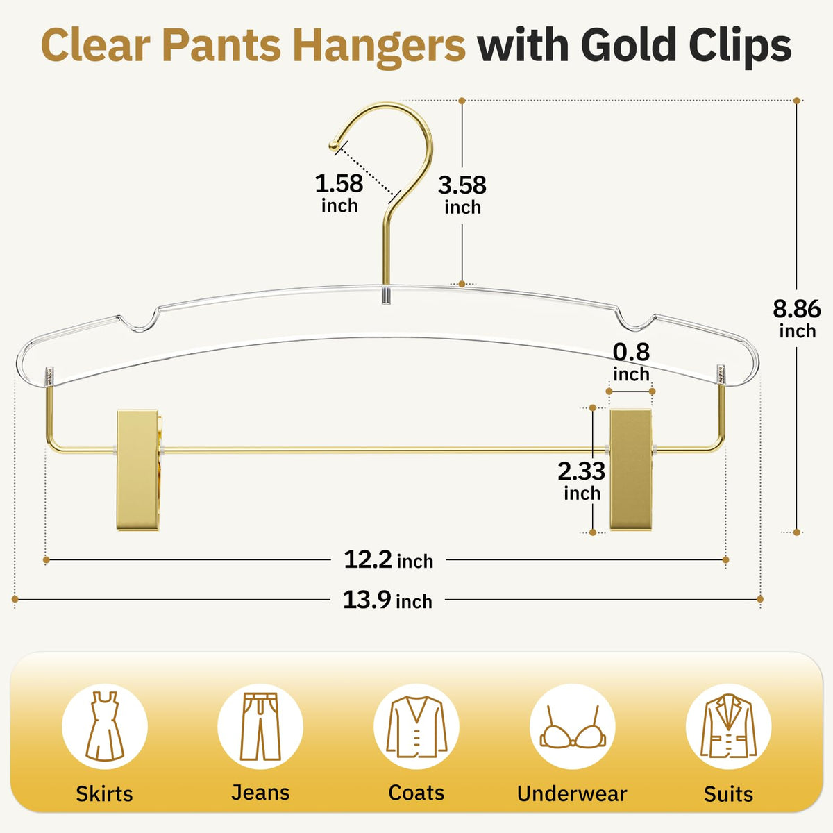 14" Clear Gold Acrylic Pants Hangers with Clips and Groove 10 Pack，Heavy-Duty Skirt Hangers with Non-Slip Adjustable Clips for Pants, Skirts, Jeans, Shorts, Trousers, Fits Adults and Kids