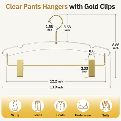 14" Clear Gold Acrylic Pants Hangers with Clips and Groove 10 Pack，Heavy-Duty Skirt Hangers with Non-Slip Adjustable Clips for Pants, Skirts, Jeans, Shorts, Trousers, Fits Adults and Kids