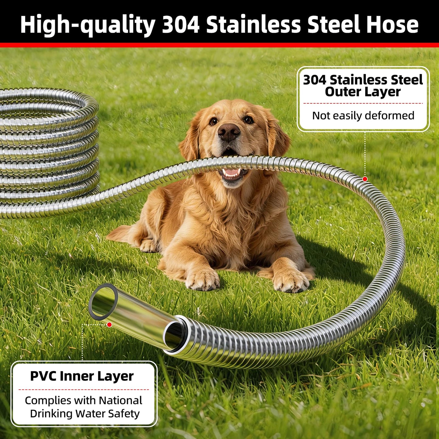 SPECILITE Stainless Steel Garden Water Hose 25 FT, Heavy Duty Metal Hose with Upgraded Reinforced 3/4" Female to Male Aluminium Fittings, Flexible & Lightweight Water Pipe for Reel, Yard, Outdoor