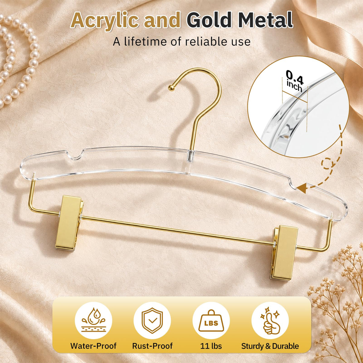 14" Clear Gold Acrylic Pants Hangers with Clips and Groove 10 Pack，Heavy-Duty Skirt Hangers with Non-Slip Adjustable Clips for Pants, Skirts, Jeans, Shorts, Trousers, Fits Adults and Kids