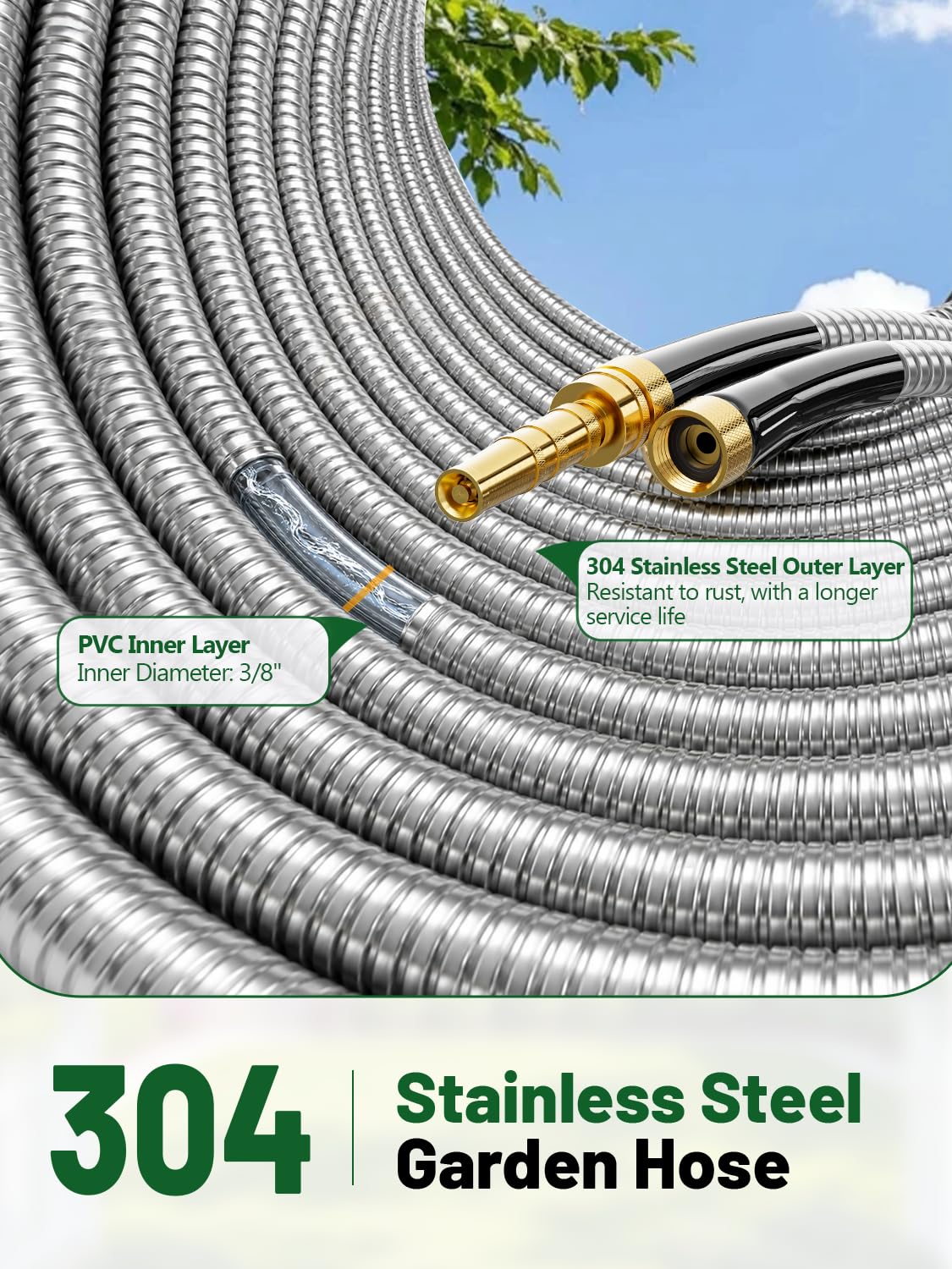 SPECILITE 25ft 304 Stainless Steel Garden Hose with Adjustable Brass Nozzle, Heavy Duty Metal Water Hose, Lightweight & Puncture-proof, Flexible Water Pipe with 3/4" Brass Connectors for Yard, Outdoor